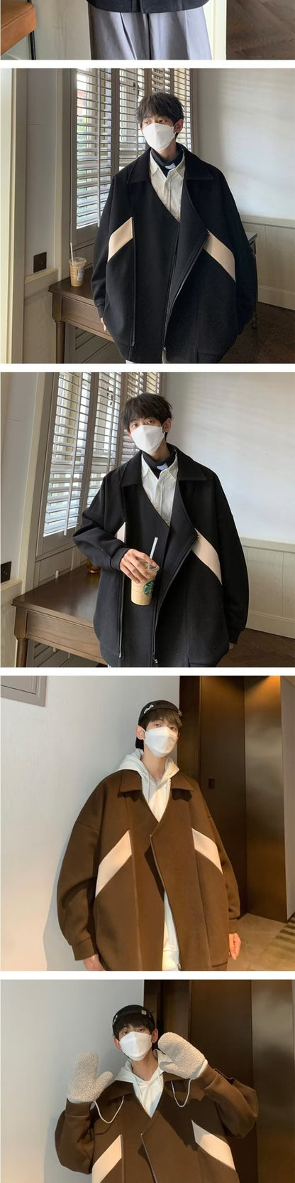 Commuting style Harajuku Cropped Overcoat Vintage British Style Men's Autumn Winter High Street Fashion Style Jacket Fashion