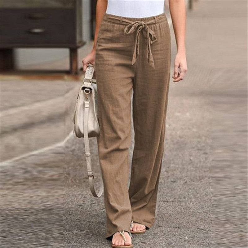 2025 Autumn Women's Summer Elastic Waist Pure Cotton Hemp Strap Loose Pants