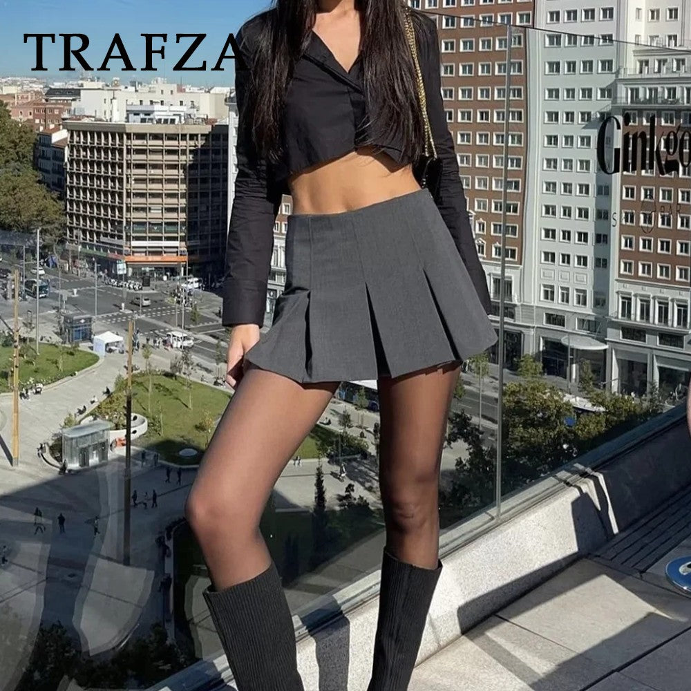 TRAFZA 2025 Spring Summer Women Casual Tierred Mini Skirts Fashion Vintage Solid