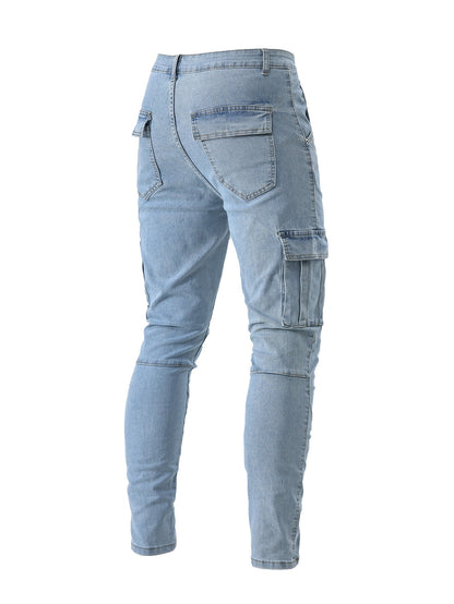 Calça Jeans Masculina Cargo Elástica Slim Fit Masculina Calça Jeans Cor Sólida Multi Bolsos Casual Skinny Calças Masculinas Roupa Masculina