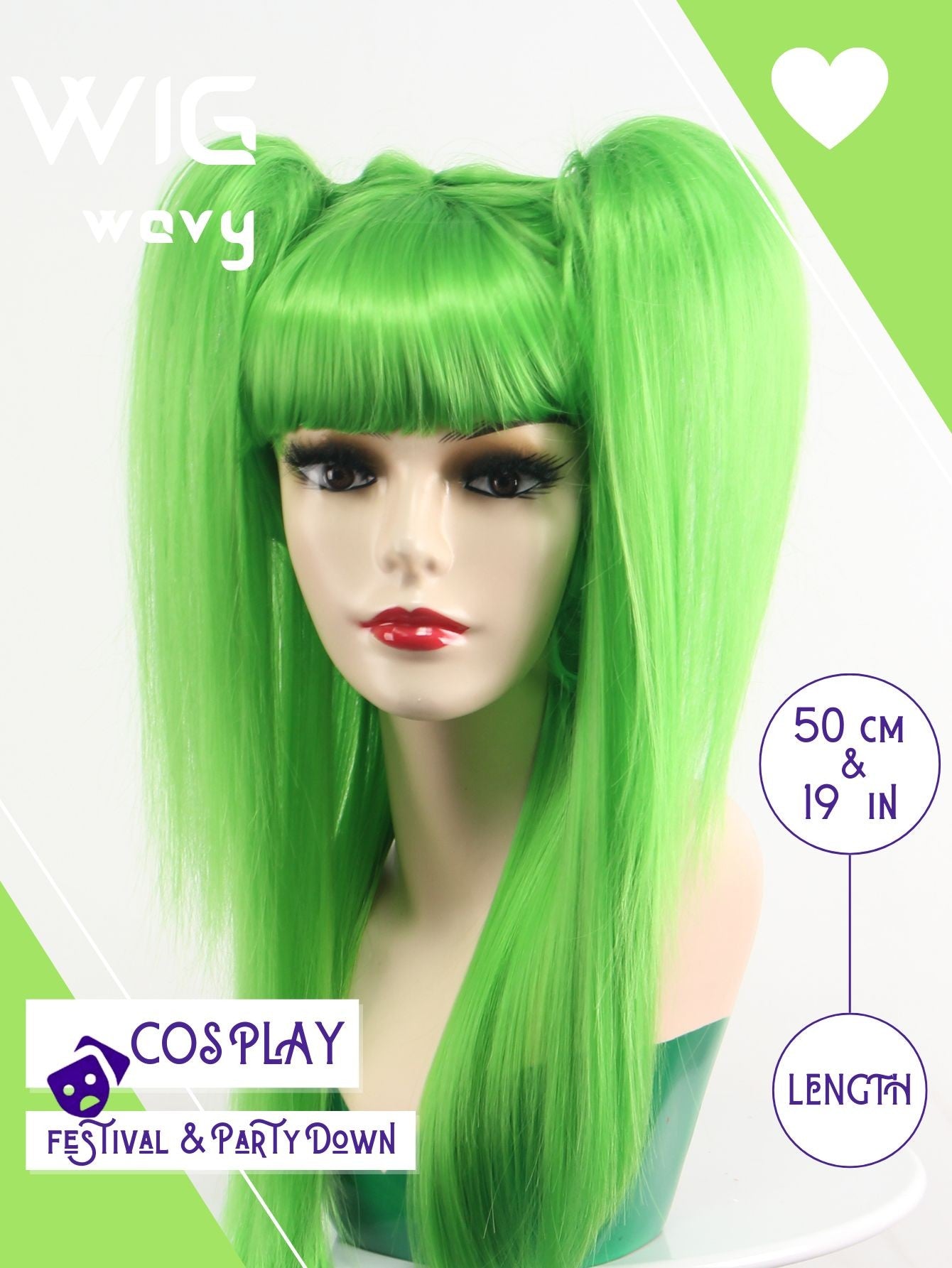 Peruca Sintética Longa Verde Flexível com Duas Maria Chiquinhas Anime Acessório de Cosplay de Natal de Alta Qualidade