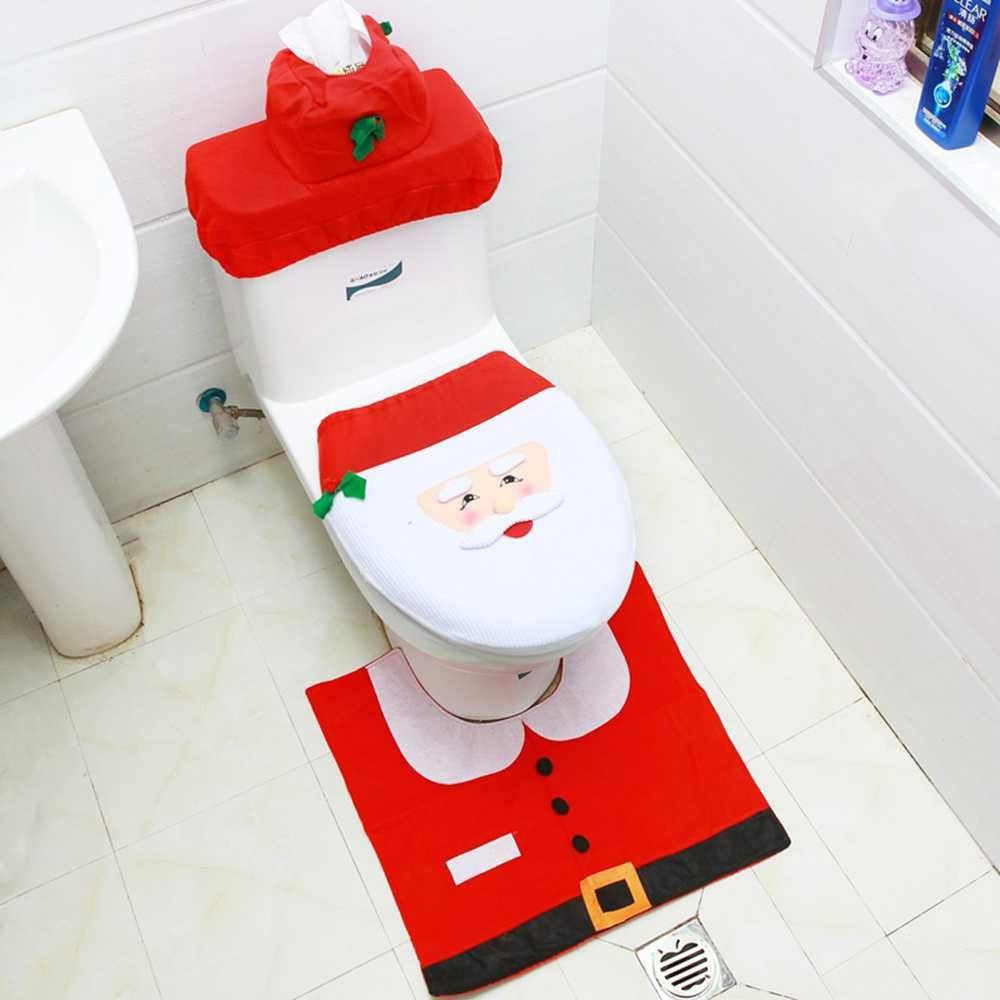 3 peças Tapetes de banho decorativos de Natal Decoração de Natal para banheiro Capa de assento de vaso sanitário de desenho animado Acessórios de banheiro