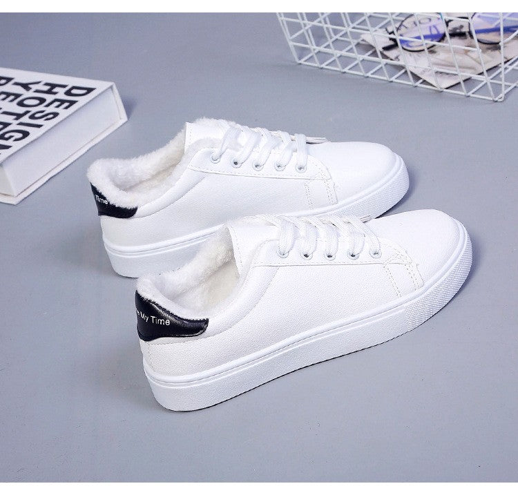 Tênis Feminino de Inverno, Quente, Pelúcia, Sola Vulcanizada, Plataforma, Algodão, Cadarço, Branco, Com Pelúcia, Casual