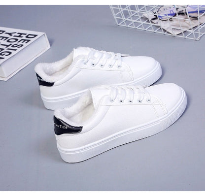 Tênis Feminino de Inverno, Quente, Pelúcia, Sola Vulcanizada, Plataforma, Algodão, Cadarço, Branco, Com Pelúcia, Casual