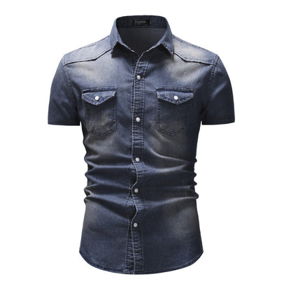 Men Denim Shirts Tops Shirt Short Sleeve Button Turn Down Collar Single Breasted Slim Fit Solid Simple Casual Splice Top 2024