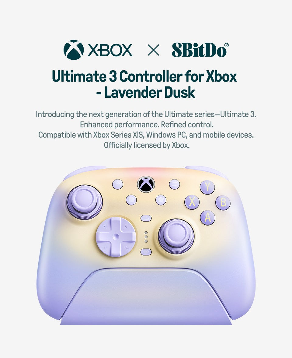 8BitDo Ultimate 3 Wireless Controller for Xbox, PC, Android, Apple With Force Ring TMR Joystick & Charging Dock (Lavender Dusk)
