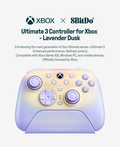 8BitDo Ultimate 3 Wireless Controller for Xbox, PC, Android, Apple With Force Ring TMR Joystick & Charging Dock (Lavender Dusk)