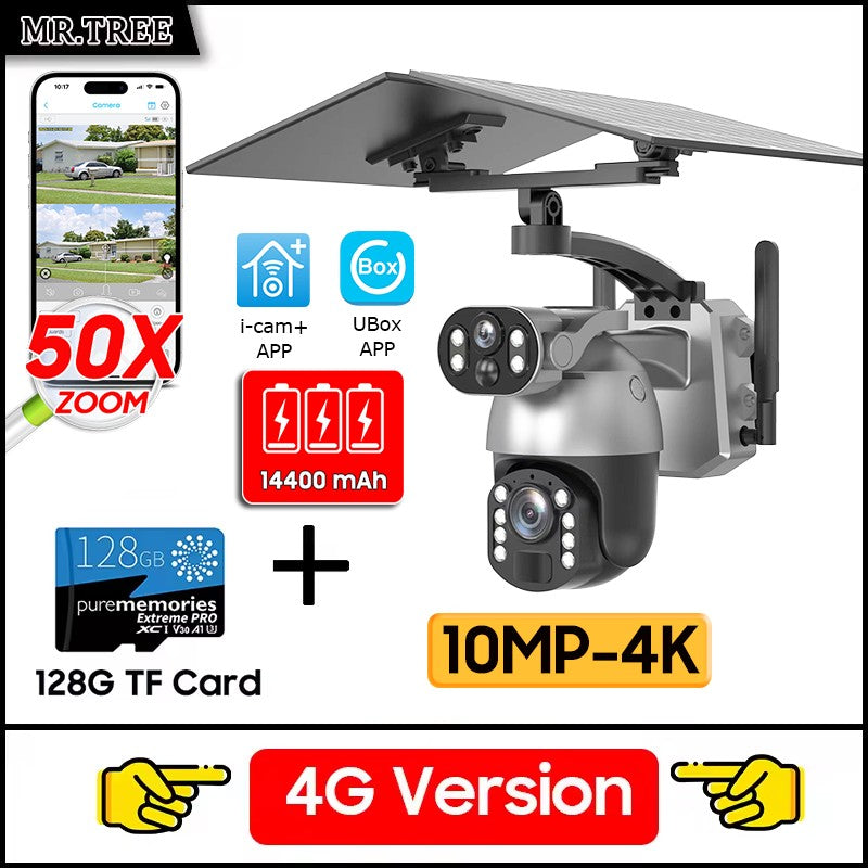 50XZOOM Solar Camera 4G SIM/WiFi Dual Lens Outdoor Security Camera with Night Vision,Waterproof Wireless Surveillance for Garden