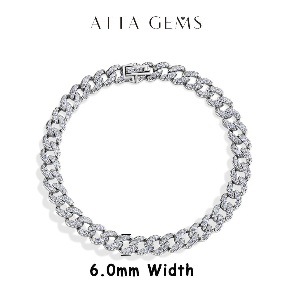 Corrente Cubana Completa de Moissanita ATTAGEMS DVVS1 para Homens e Mulheres, Prata Esterlina 925 Banhada a Ouro 18k, Pulseira de Tênis Hip Hop, Joia Fina