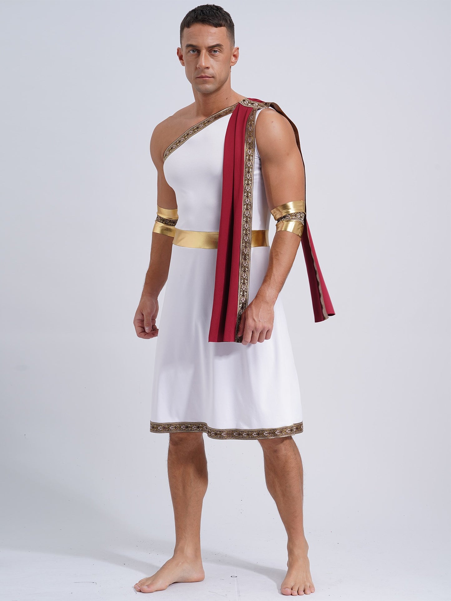 Mens Ancient Greek Toga Roman King Prince Cosplay Costume Halloween One Shoulder Embroidered Robe Dress Theme Party Outfits