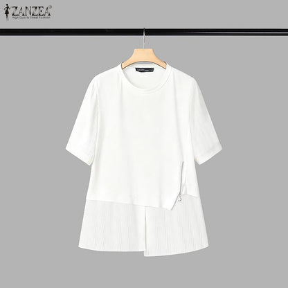 ZANZEA Women Summer Patchwork Blouse 2025 Casual O Neck Short Sleeve Tops Blusas Fashion Elegant Work Shirt Mujer Female Chemise