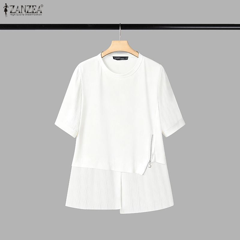 ZANZEA Women Summer Patchwork Blouse 2025 Casual O Neck Short Sleeve Tops Blusas Fashion Elegant Work Shirt Mujer Female Chemise