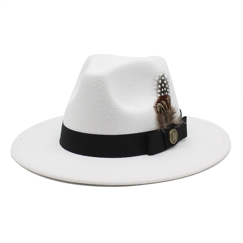 White Woolen Gentleman Classic British Jazz Feather Top Hat Wide Brim Party Church Wedding Fedora Hats Men Women Panama Felt Cap