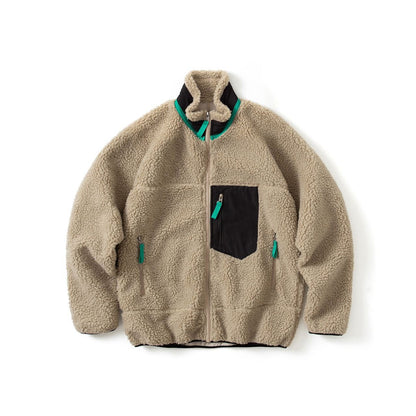 Pata Outdoor Windproof Hiking Fleece Jacket Imitation Lamb Wool Stand Collar Zipper Fleece Jacket Polar Fleece Warm Couple Coat