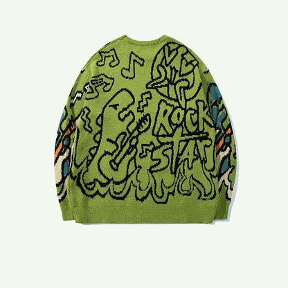 CALESECT Green Dinosaur Knit Sweater Womens Dino Jumper Y2K Streetwear Oversized Pullover Plus Size Mens Women Adults Men Trendy