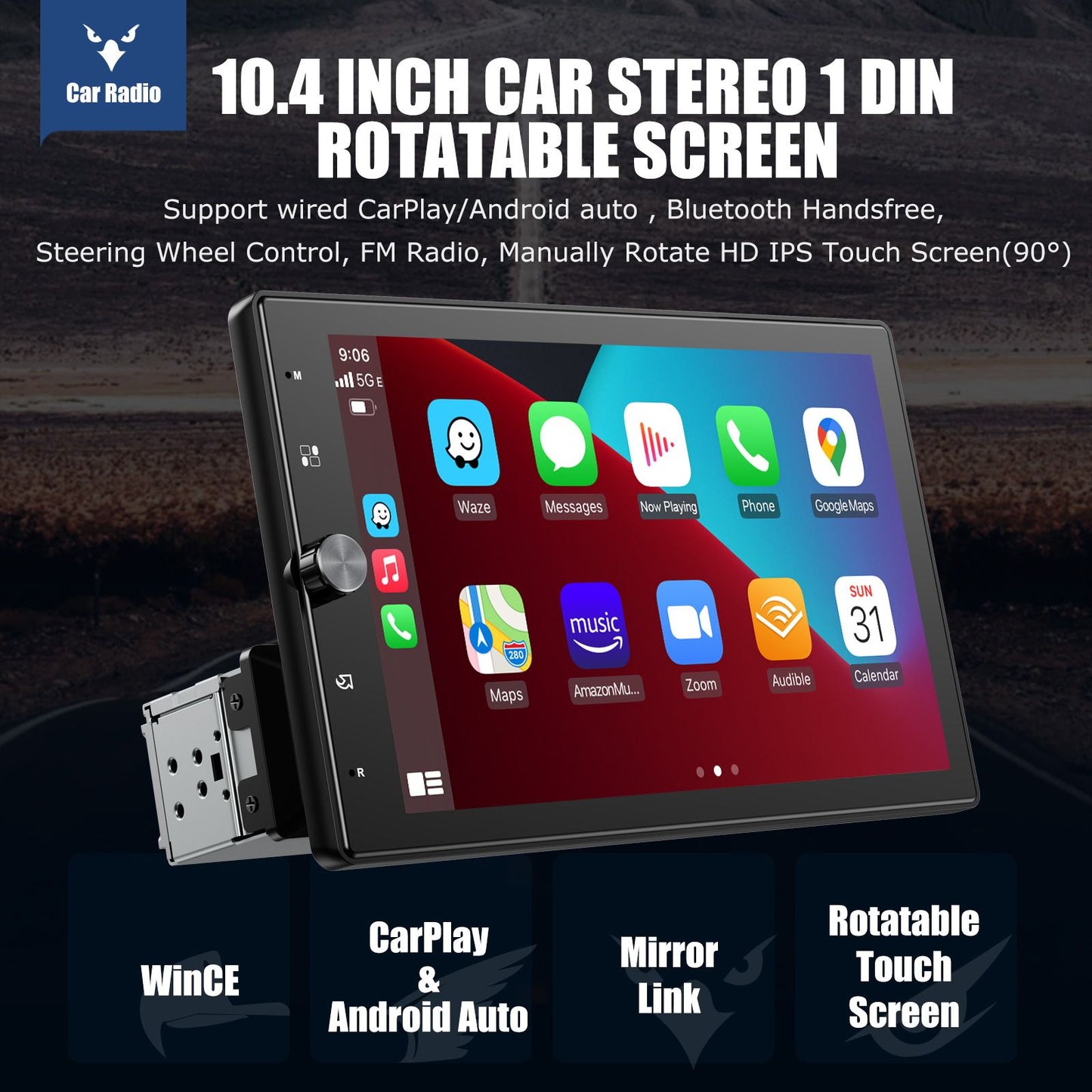 ESSGOO 10.4" Car Stereo Single DIN Wireless CarPlay Android Auto Rotatable Touch Screen Bluetooth GPS Nav Radio Player Head Unit