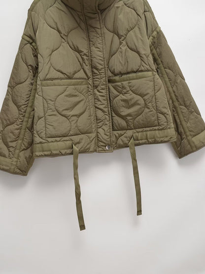 European and American style winter new style stand collar loose drawstring zipper cotton jacket for women