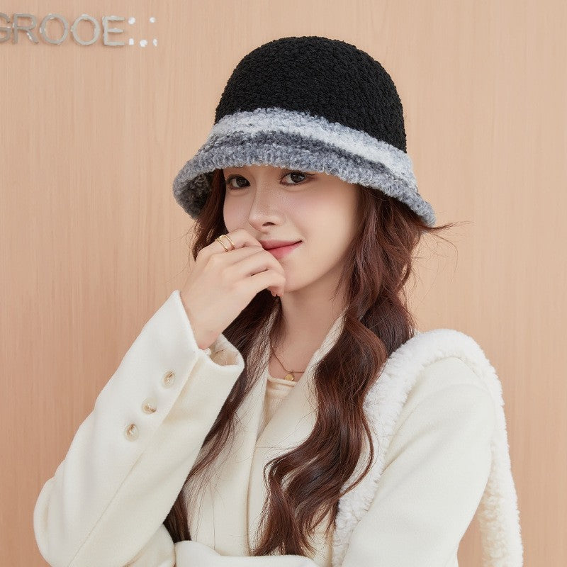 New Warm Luxury Bucket Hat For Women Plush Patchwork Autumn Winter Wool Felt Stripe Large Bucket Hat Colorful Faux Fur Hat Cap