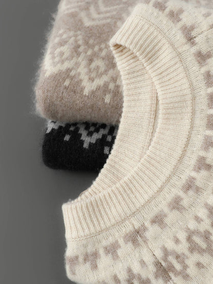 Men's 100% Merino Wool Pullover Sweater O-neck Fair Isle Jacquard Loose Casual Knitwear Long Sleeve Cashmere Tops Autumn Winter