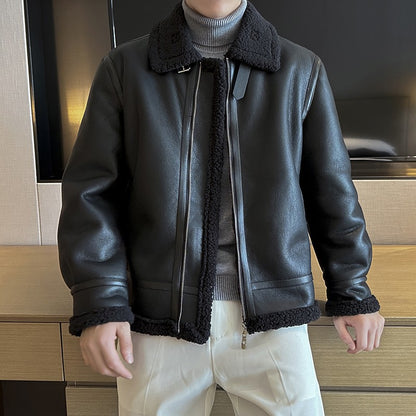 Autumn and winter warm thick leather jacket for men's trendy slim fit lapel motorcycle suit men's leather jacket