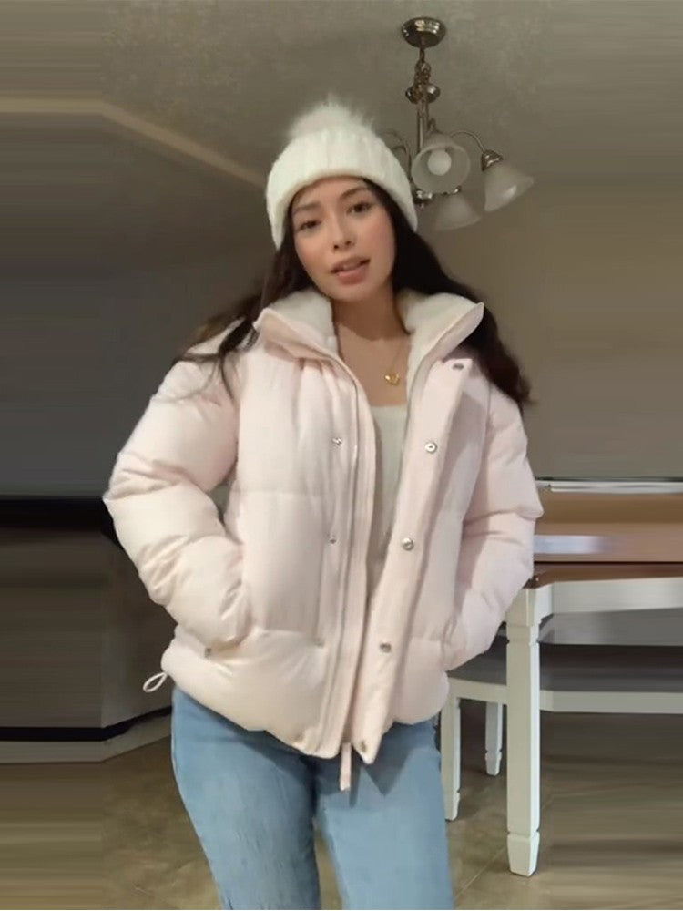 Pink Women's Jacket With Hat Zipper Pockets Inner Faux Fur Solid Female Jackets 2025 Autumn Winter Fashion Chic Lady Outwears