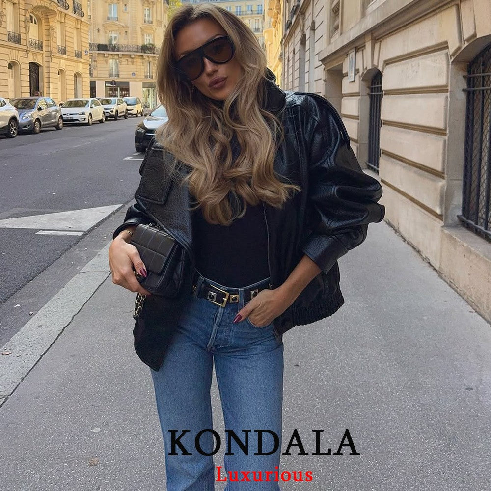 KONDALA Casual Chic Black Leather Jackets Women Long Sleeve Buttons Elastic Oversized Coats Fashion 2025 Fall Streetwear Coats