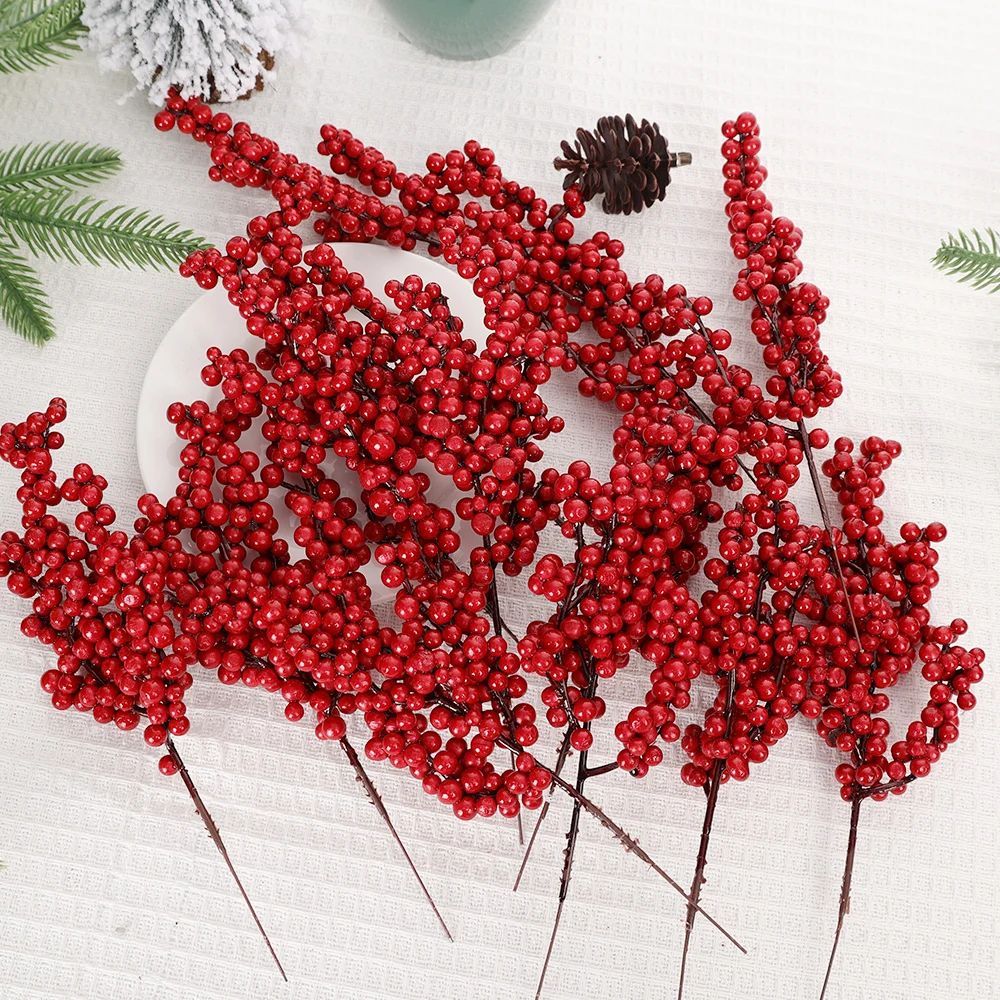 50/1branch Christmas Artificial Berries Stem Red Holly Berry Fake Flowers Plant for Xmas Tree New Year Party Home Decor Ornament