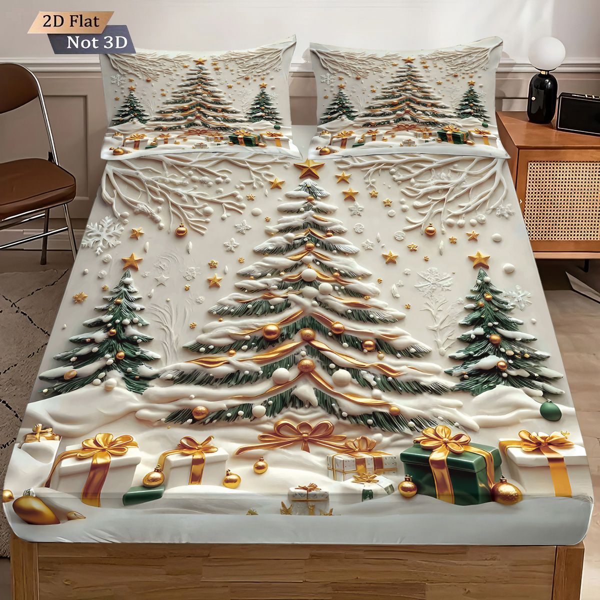3pcs Christmas tree print coreless bed sheet set with various sizes of bed covers, bedroom bedding decorations, machine washable