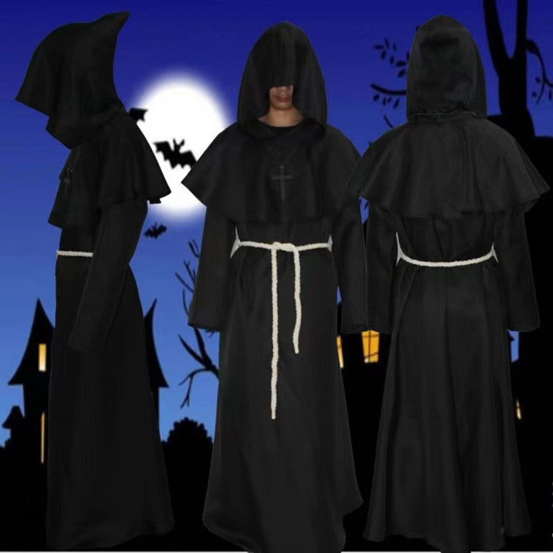 Medieval Monk Cosplay Wizard Hooded Robe Steampunk Priest Horror Cloak For Men Unisex Mask Hat Costume Halloween Masquerade Cape