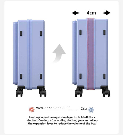 Nova Bagagem com Abertura Frontal de Grande Capacidade, Expansível, Porta-Copos, Carregamento USB, Alça Telescópica e Rodas Universais