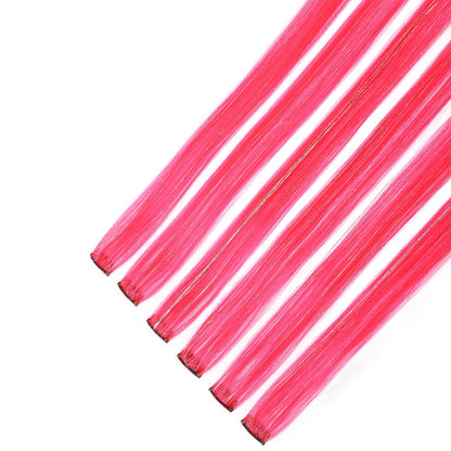 Extensões de Cabelo Sintéticas Rosa Choque com 6 Clipes, Mechas Metálicas, Extensões Coloridas de 55cm, Cabelo Arco-Íris 2 em 1