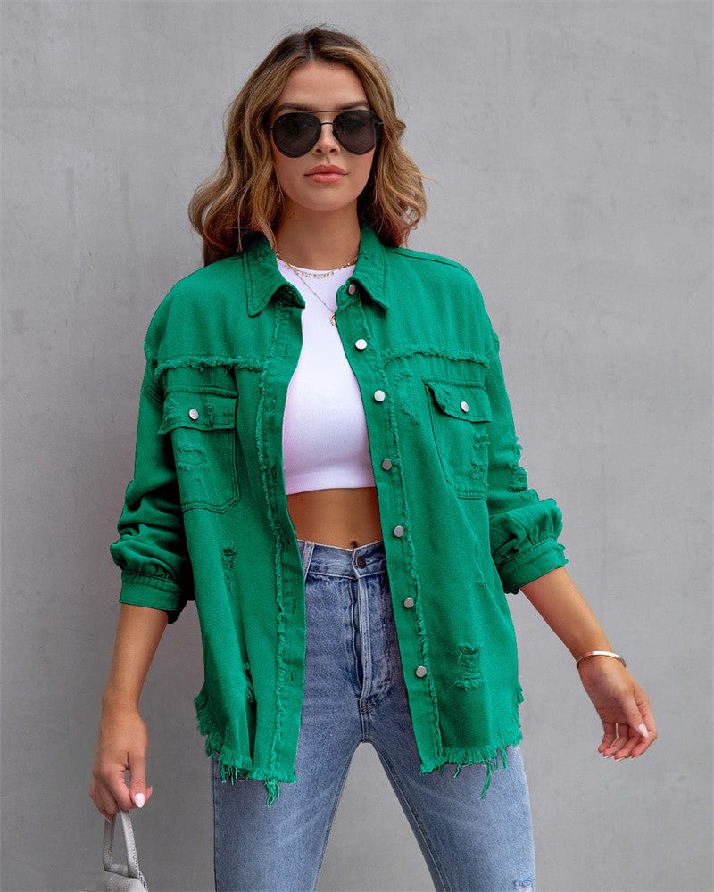 2025 Holes Raw-edges Denim Jacket Women Spring Autumn Shirt Style Jeancoat Casual Top Rose-Red Orange Purple Outerwear Lady Coat