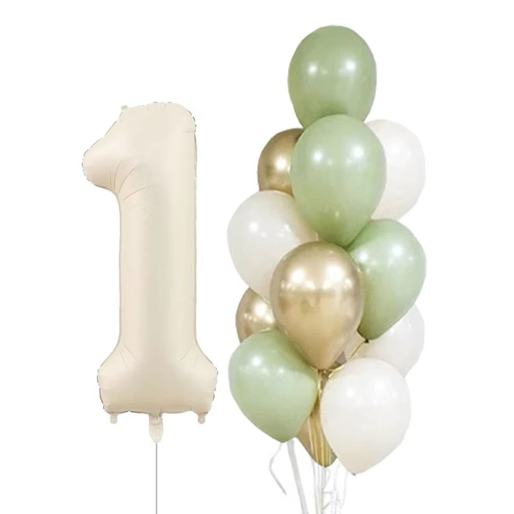 14pcs 32inch Cream Number Balloon 10inch Avocado Green Metallic Gold White Latex Balloons Baby Birthday Party Decorations