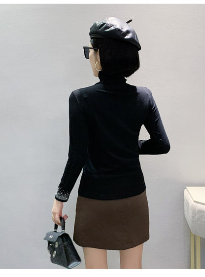 2025 European Station Long Sleeve Women Tees Autumn Winter New Stand collar Hot Diamond T Shirt Fashion Slim Mesh Tops