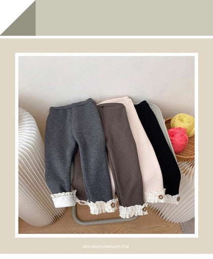 Girls Fleece Lined Leggings Children Fashion Lace Trim Slim Fit Thermal Pants Kids Winter Warm Outwear Casual Clothes
