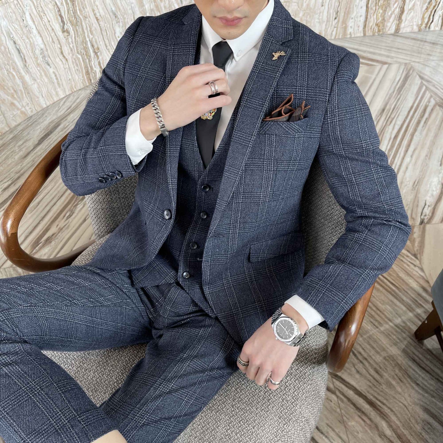 British Korean Style High Quality Modified Plaid Three-Piece Suit for Men - Stylish Business Casual Suit Vest And Trousers Set