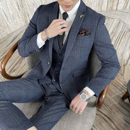 British Korean Style High Quality Modified Plaid Three-Piece Suit for Men - Stylish Business Casual Suit Vest And Trousers Set