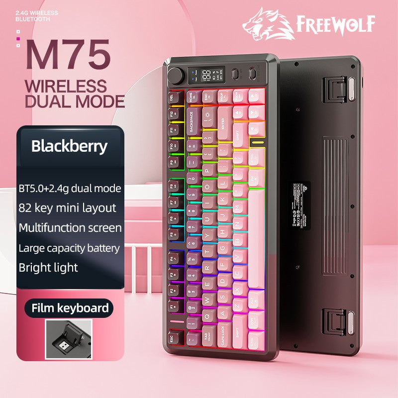 Teclado Gamer Sem Fio Compacto FREE WOLF M75 82 Teclas - Modo Duplo (Bluetooth/2.4G) Retroiluminação RGB Tela OLED Bateria Grande