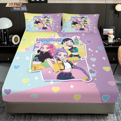 3 Peças K-Pop Caça-Demônios Estampa Lençol Sem Elástico Conjunto de Lençol Multi Tamanho Capa de Cama Macia Decoração de Quarto Lavável à Máquina