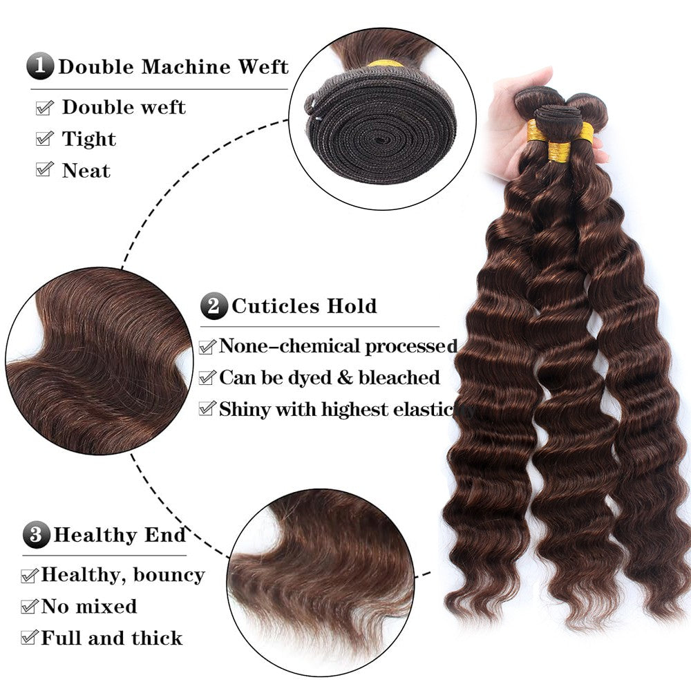 Cabelo Castanho com Fechamento, Cachos Soltos, Cabelo Humano Brasileiro Virgem 12A, Cachos Soltos e Profundos, Cabelo Cru