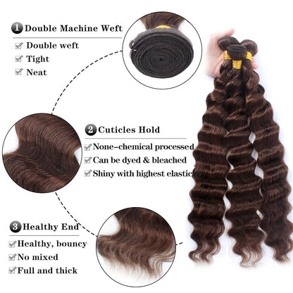 Cabelo Castanho com Fechamento, Cachos Soltos, Cabelo Humano Brasileiro Virgem 12A, Cachos Soltos e Profundos, Cabelo Cru