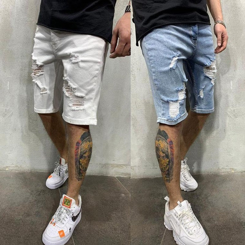 2024 Ripped tassel denim shorts New  Summer Men's Personalized Washable Perforated Denim Pants Large Casual Middle Pants
