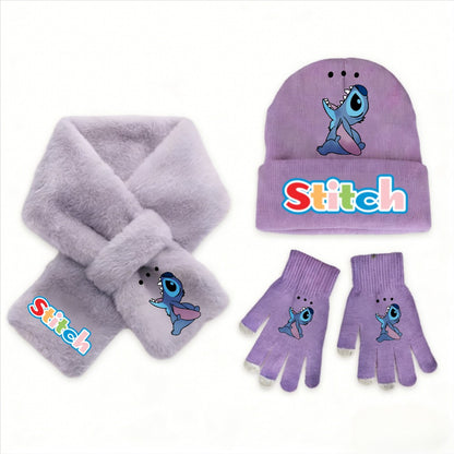 Conjunto de 3 peças de chapéu, cachecol e luvas de malha de inverno Stitch Disney Kawaii quente para meninas Acessórios casuais de moda infantil presente de Natal perfeito