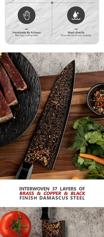Conjunto de facas de aço Damasco japonês 37 camadas com cobre VG10, facas de cozinha, chef, bife, multiuso, frutas, para descascar, com cabo de resina de malha