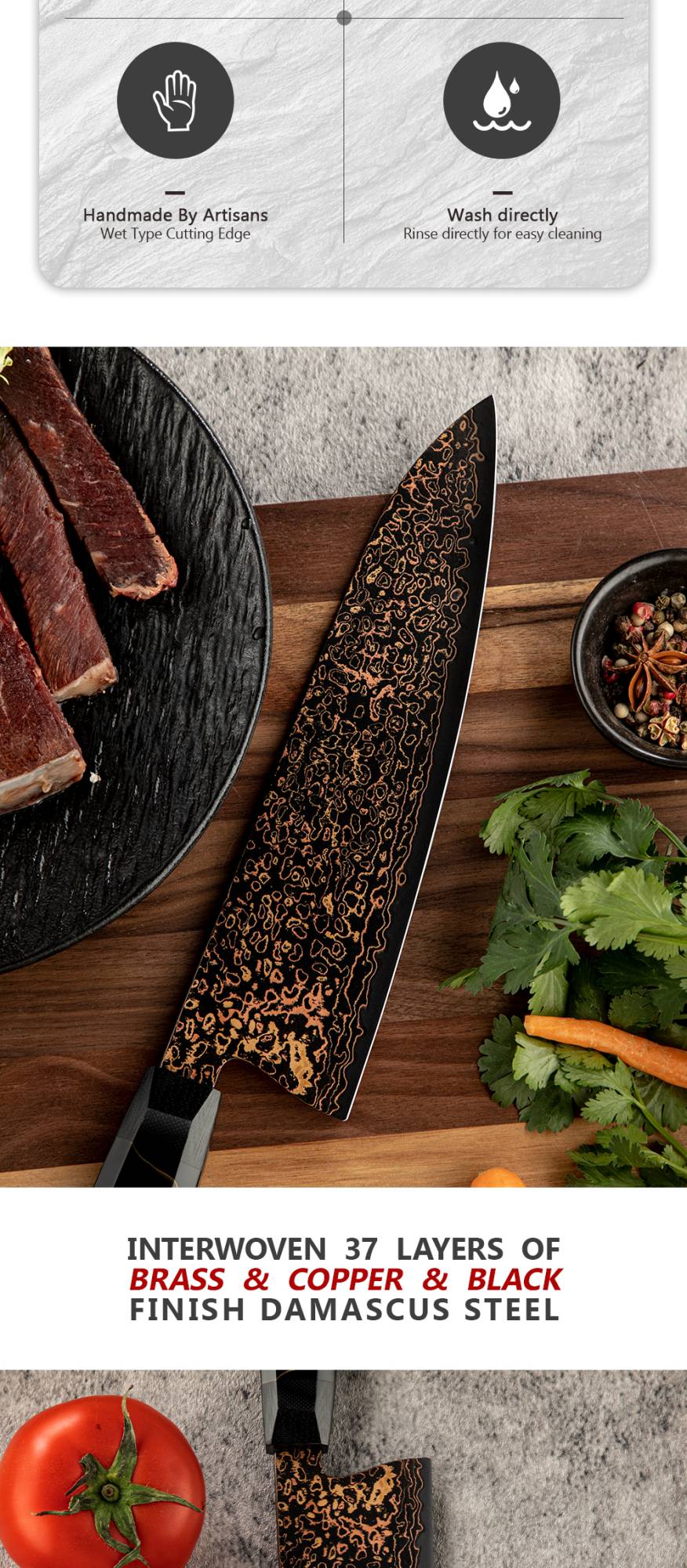 Conjunto de facas de aço Damasco japonês 37 camadas com cobre VG10, facas de cozinha, chef, bife, multiuso, frutas, para descascar, com cabo de resina de malha