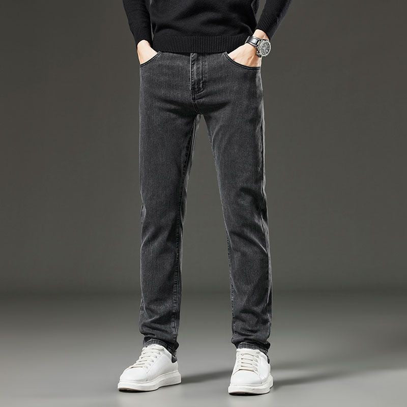 Men's autumn and winter hot jeans elastic small straight leg pants black gray micro elastic zipper fashionable versatile jeans