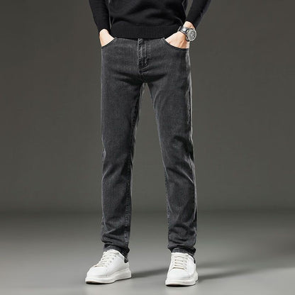 Men's autumn and winter hot jeans elastic small straight leg pants black gray micro elastic zipper fashionable versatile jeans