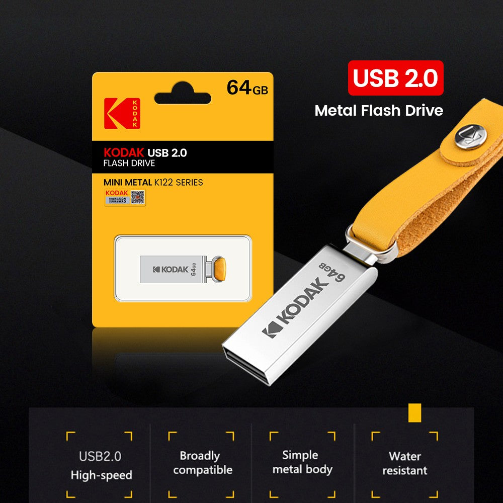 Pen Drive USB KODAK K122 de Metal 2.0 de Alta Velocidade 32GB/64GB/128GB Mini U-Disk Memory Stick com Alça para PC e Carros