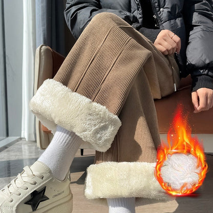 High Waist Warm Trousers Fashion Winter Fleece Thickened Women's Pants Solid Color Loose Elastic Waist Straight Casual Pants