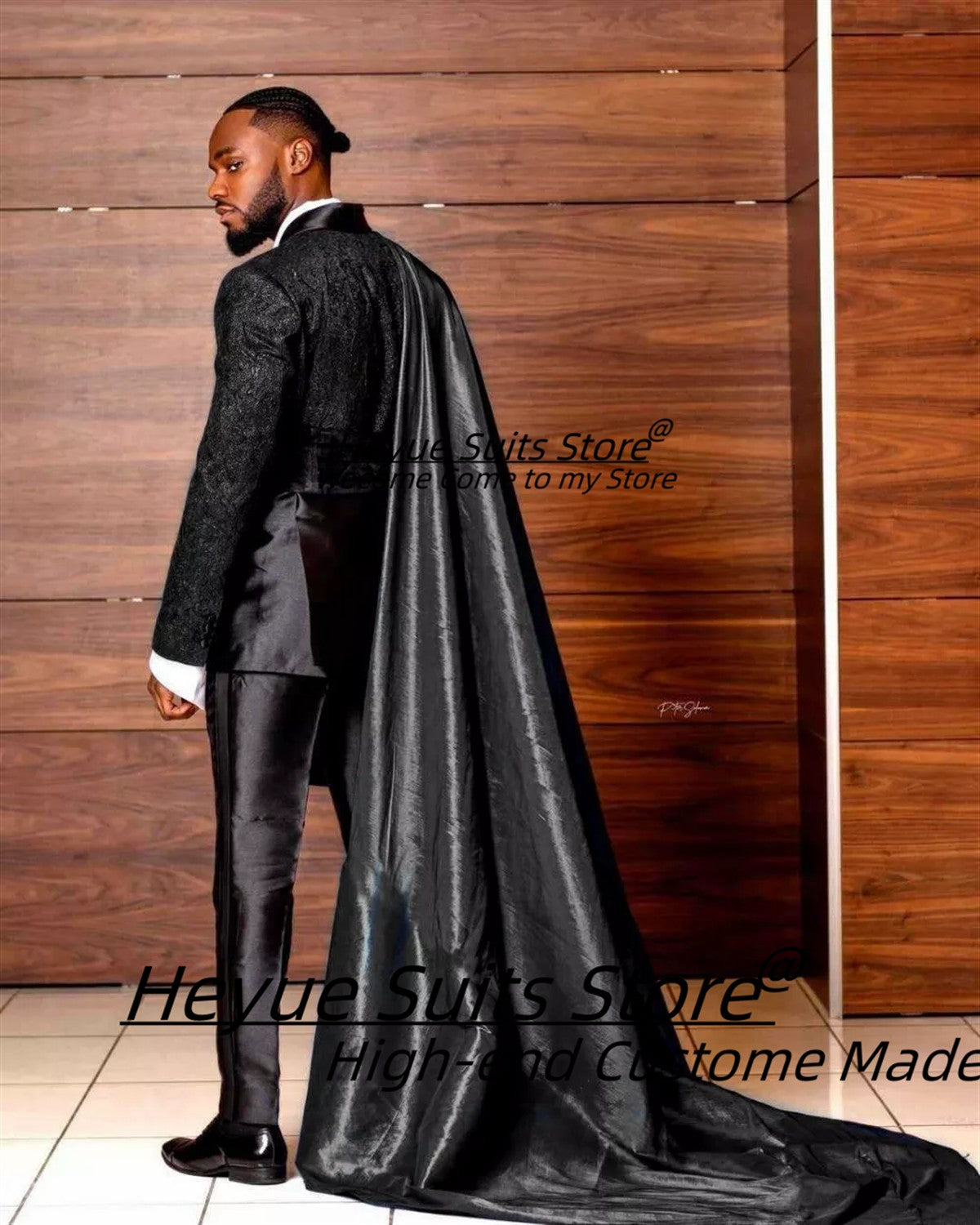 Customized Black Jacquard Shawl Lapel Jacket Pant Cape Groom Wedding Tuxedos Luxuly Male Prom Party Blazers Handsome Ropa Hombre